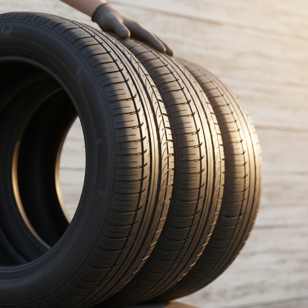 stack of new tires arranged neatly in a tire shop, side angle